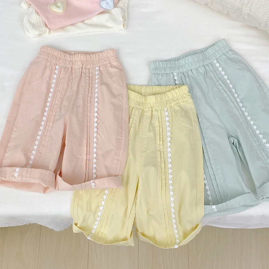 Girls Straight Leg Wide Leg Pants with Lace and Lace Versatile Countryside Summer New Style Childrens Clothing Korean Style