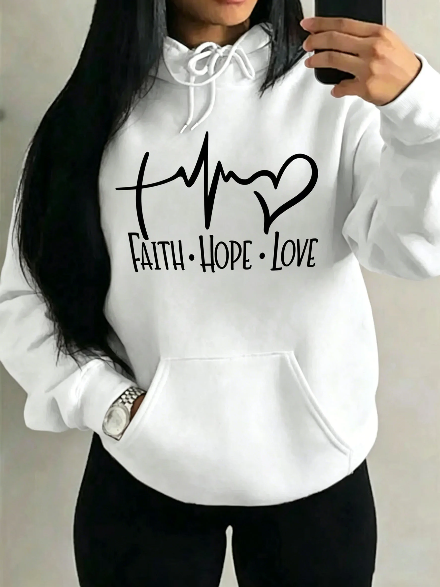Fashion Faith Hope Love Letter Graphic Hoodies Women Loose Oversized Heart Pulse Print  Sweatshirt Black Daily Casual Hoody