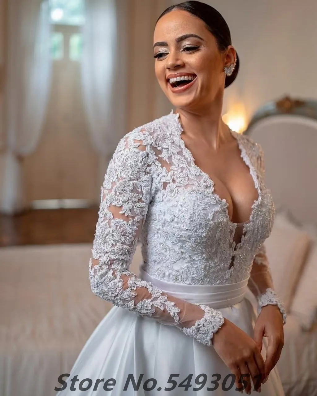 Sevintage 2025 エレガントなボールガウン サテン Vネック 長袖 ウェディングドレス カスタムメイド ブライダルガウン ウェディングドレス