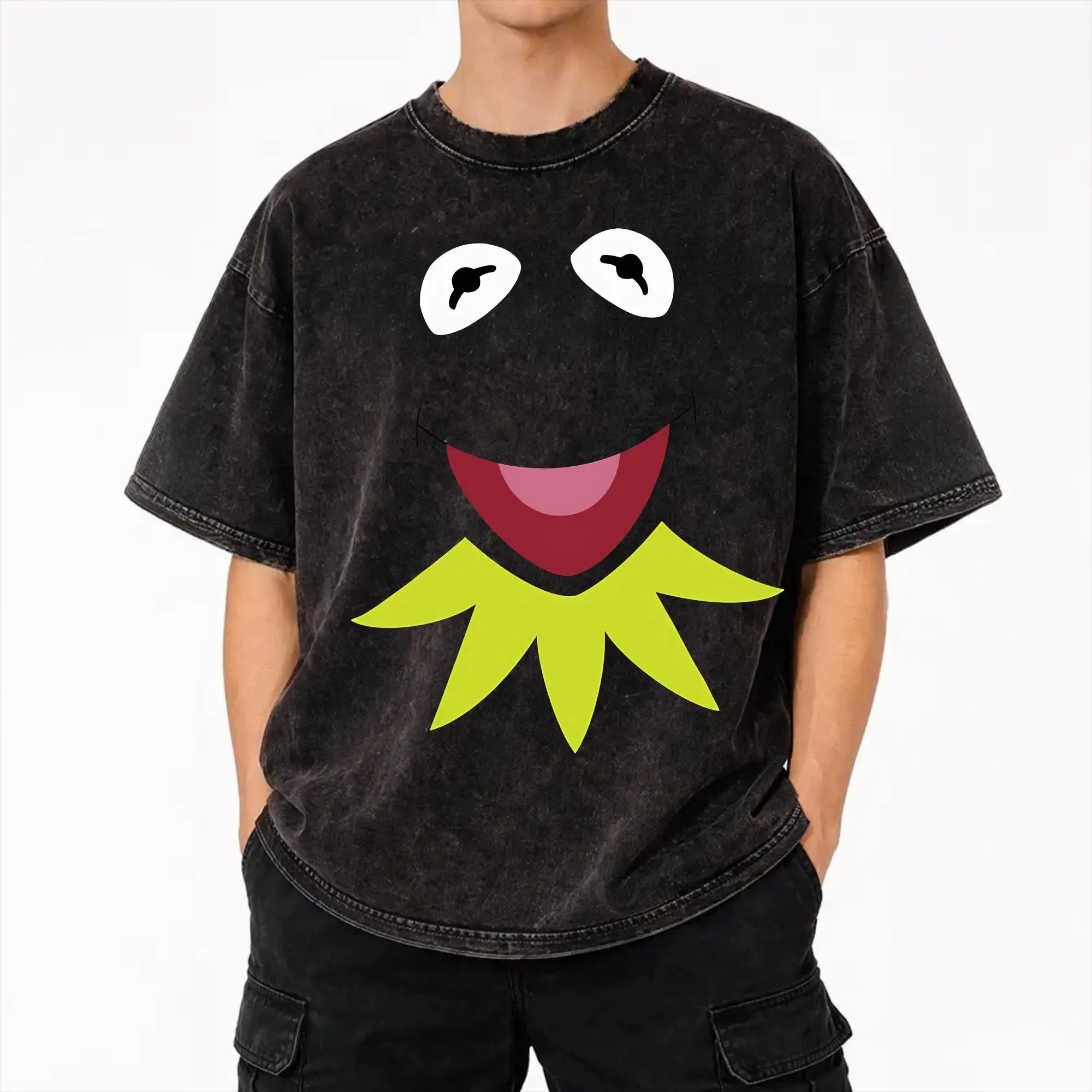 Harajuku Washed Shirt Kermits the Frog Accessories Retro T-Shirts Oversize  Streetwear Short Sleeve Printed Tops Tees