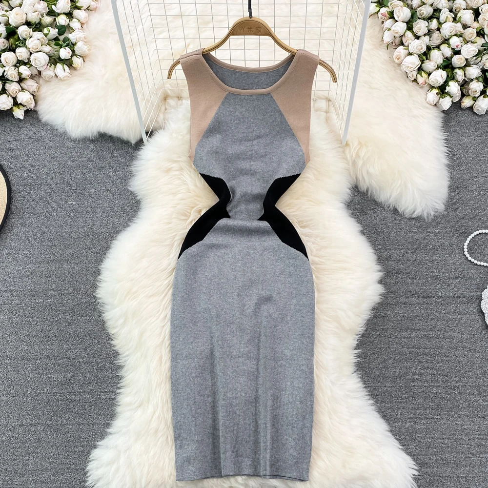 Women Chic Sleeveless Bodycon Midi Dress Sexy Korean Fashion Knit Wrap Vestidos Summer Casual Elastic Slim Pencil Dress Y2k