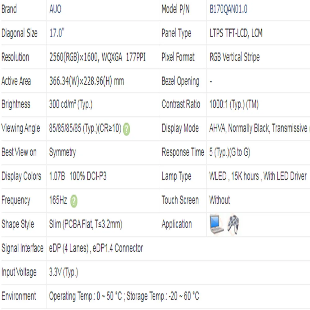 Imagem -05 - Tela Lcd Matriz B170qan01.0 17.0 Polegadas Qhd 2560x1600 Ips 165hz 40pin Edp 100 Dci-p3 Tela Lcd Portátil sem Toque B170qan01 0
