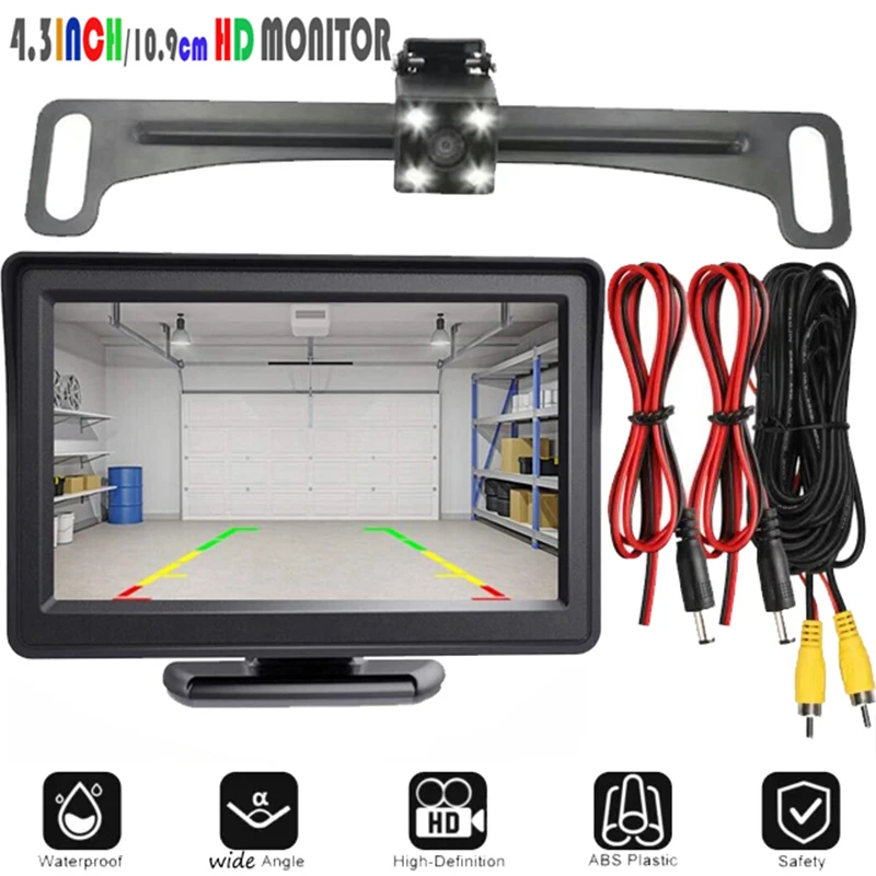 4.3 Inch HD Car Rearview Mirror Display - Crystal-Clear Reverse Image, 4 LED Lights, Wide Angle License Plate Frame Camera