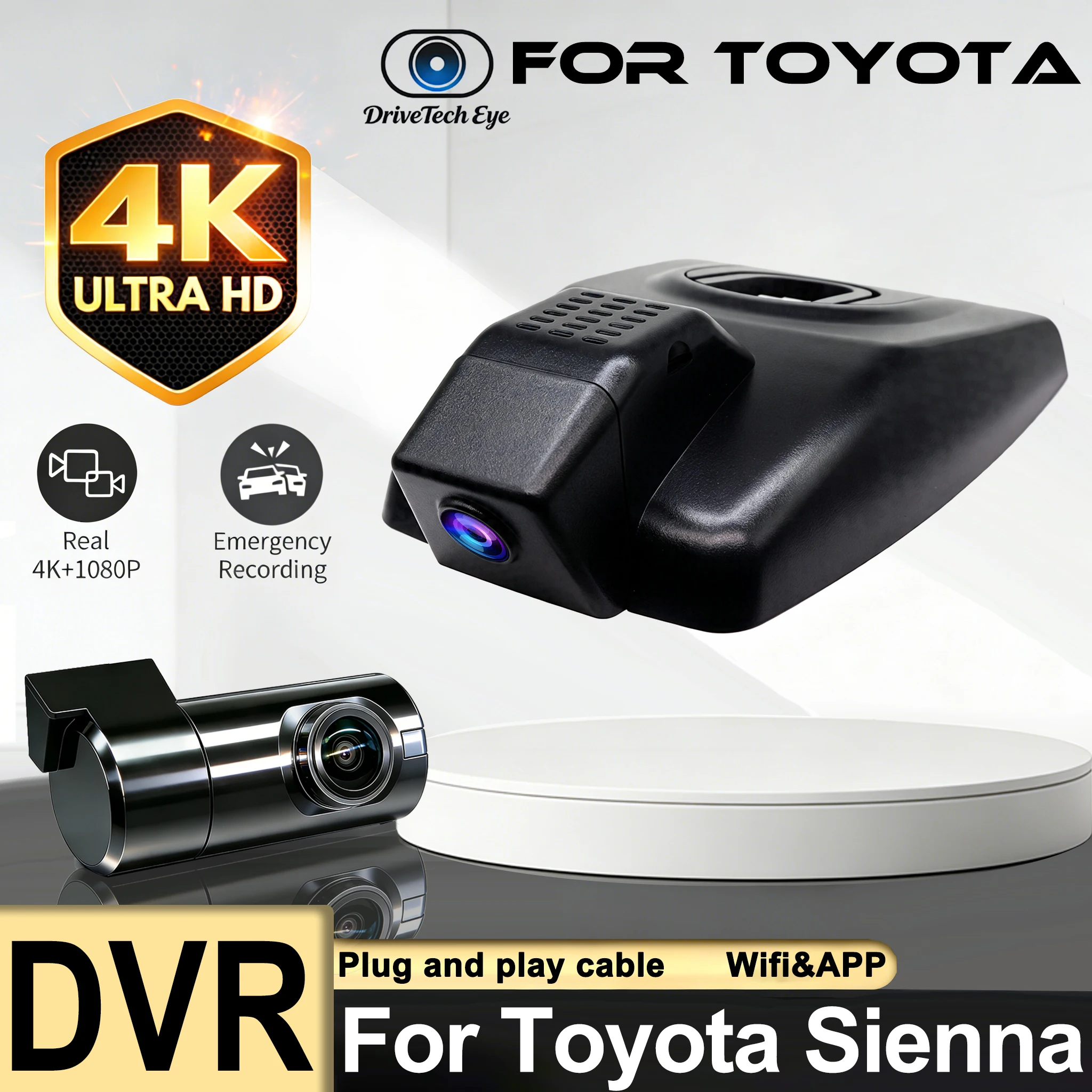 4K WiFi Dash Cam for Toyota Sienna 2021-2026 (XL40), Night Vision & APP Control, HD Car DVR Recorder, Dashcam for Sienna