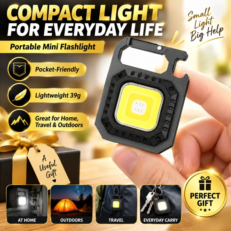 Mini COB LED Keychain Flashlight Portable Pocket Work Light Rechargeable Multi Color Modes Built-in Bottle Opener & Carabiner