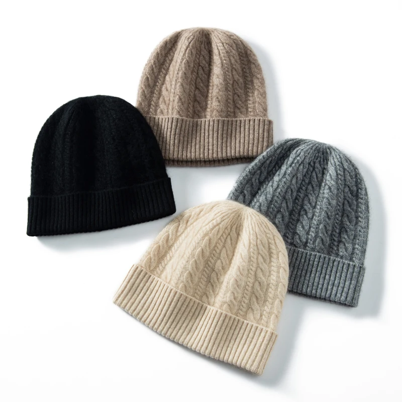 MERRILAMB High Quality Cashmere Knitted Women\'s Hat Striped Winter Hats for Men Cashmere Beanies Warm Skullies Cap Solid Casual