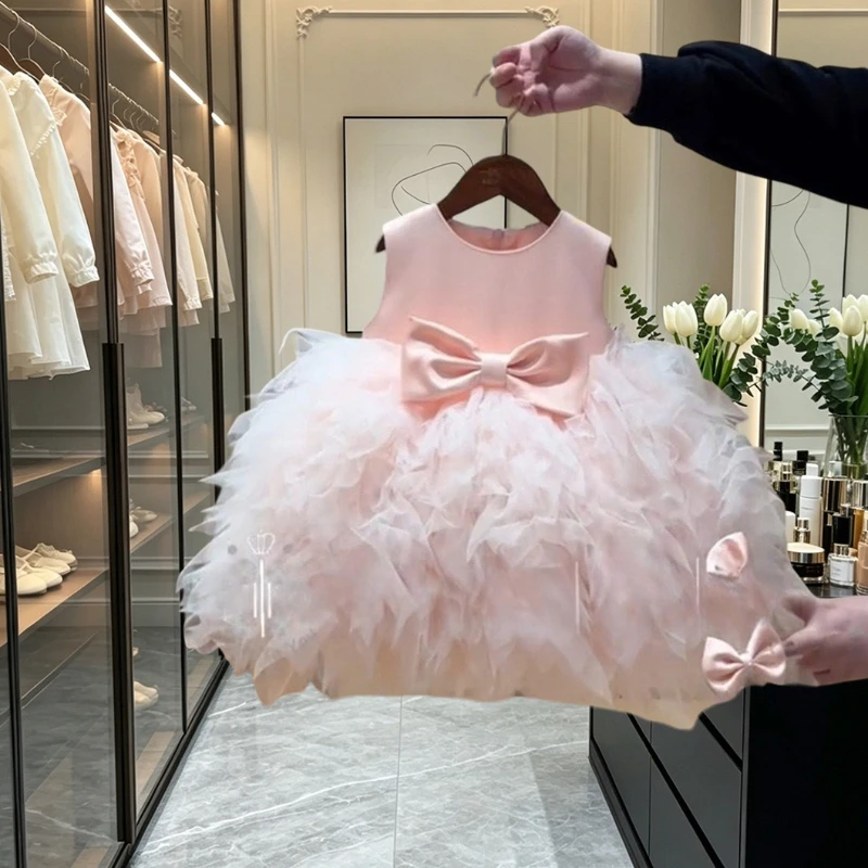 2026 Children Pink Formal Sleeveless Tulle Cake Dress Clothes Kids First Birthday Gown Bow Princess Tutu Elegant Fashion Costume