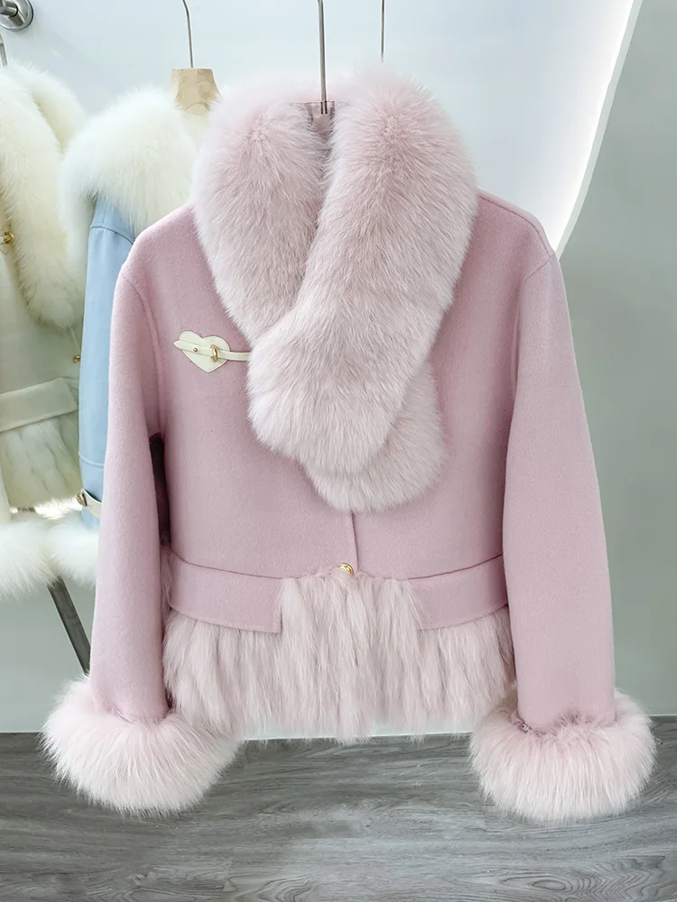 2023 Autumn Winter Natural Fox Fur Collar Real Fur Jacket Women Cashmere Wool Woolen Ladies Outerwear Female Coat