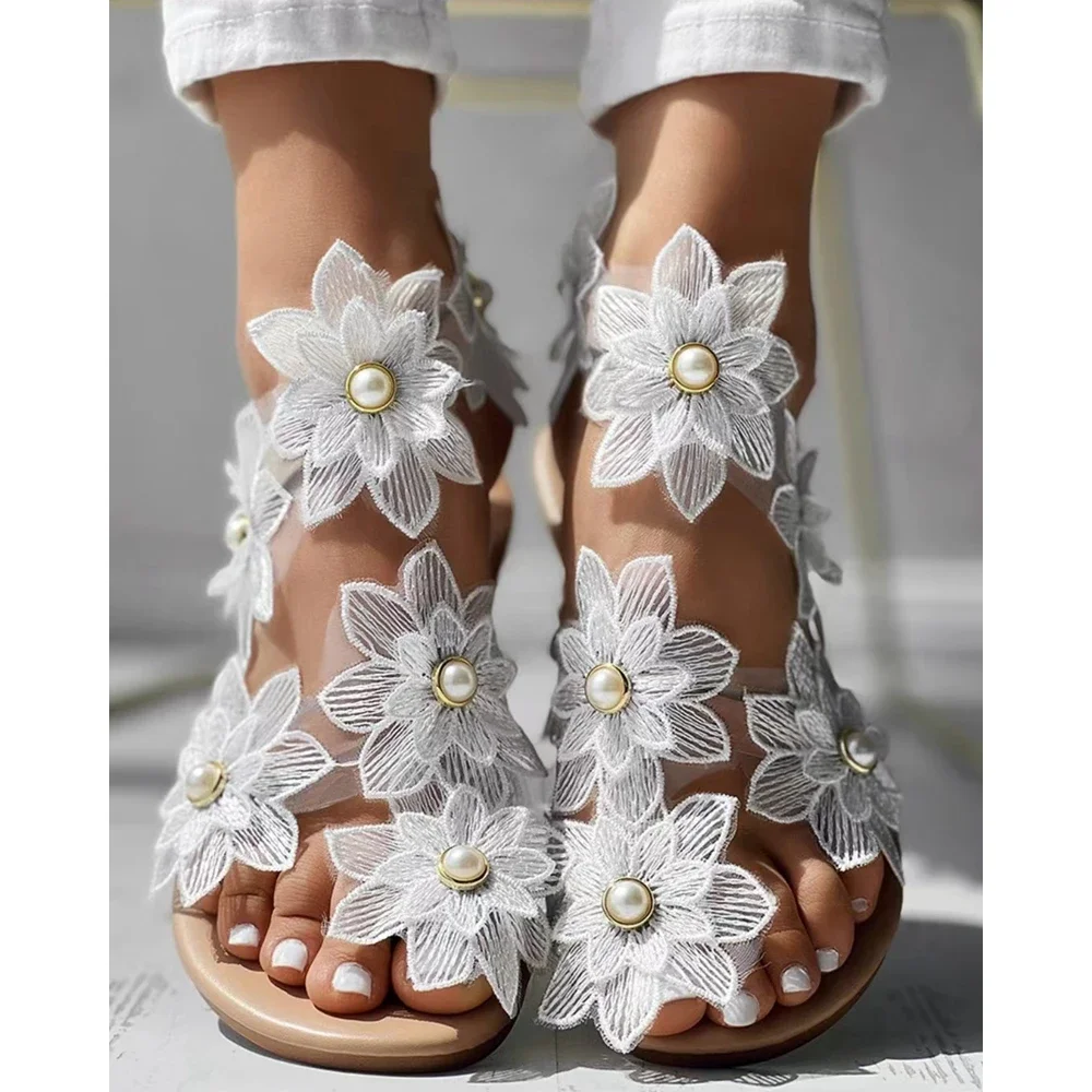 Outdoor Summer Fashion Women Toe Ring Flower Design Flat Sandals Going Out Pink Shoes Ankle Strap Casual Elegant Sandals