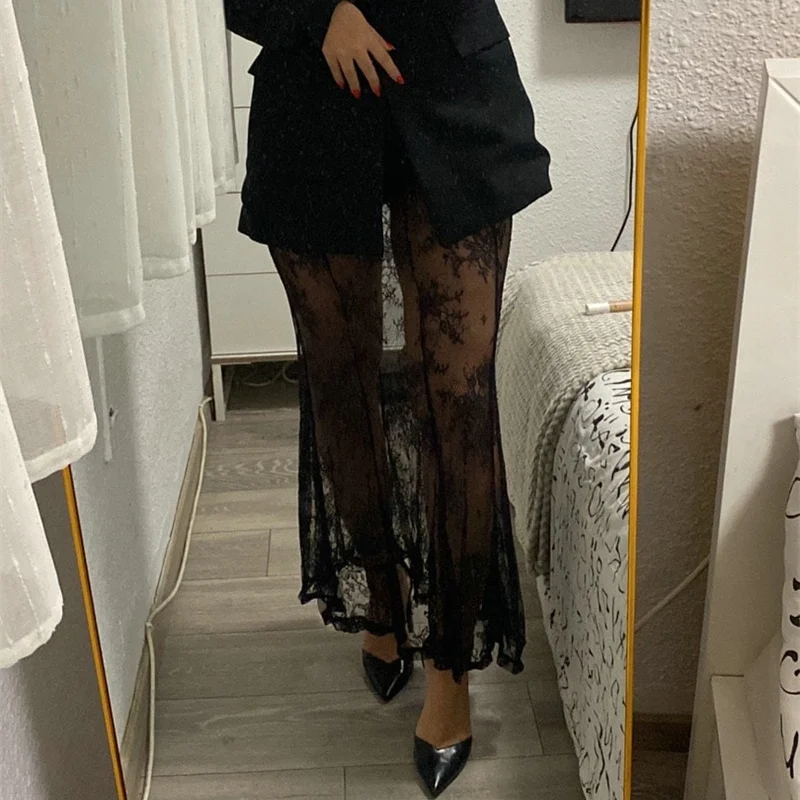 

Sexy Lace Mesh Skirt Woman Vintage Long Skirts Summer Women Clothes Fashion Streetwear High Street Wear