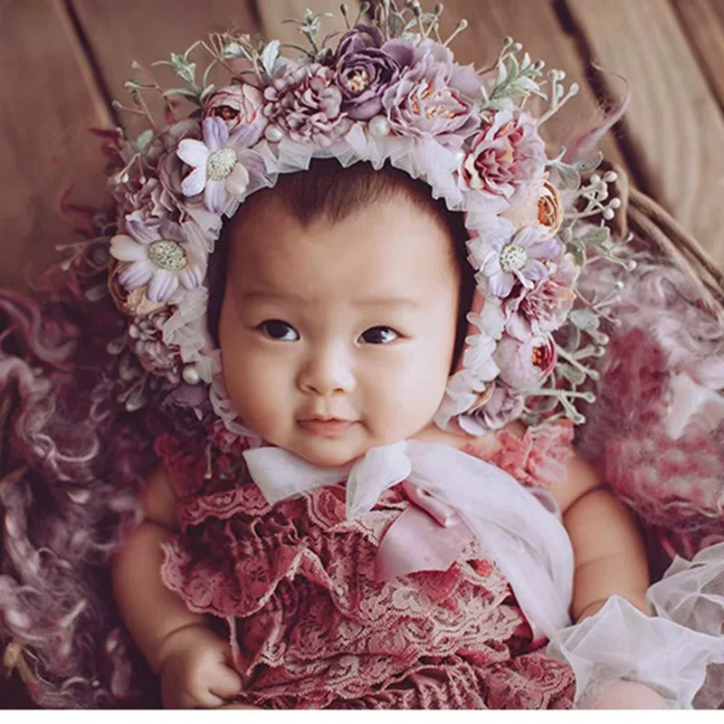 Newborn Photography Accessories Baby Floral Bonnet Hat Photography Color Simulation Flower 3-12 Months Newborn Cap Photo Props