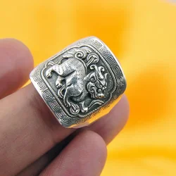 New in Ethnic Style Square Divine Beast mens rings 990 Thai Silver Vintage Enamel Blue Banquet Party Jewelry Opening Adjustable