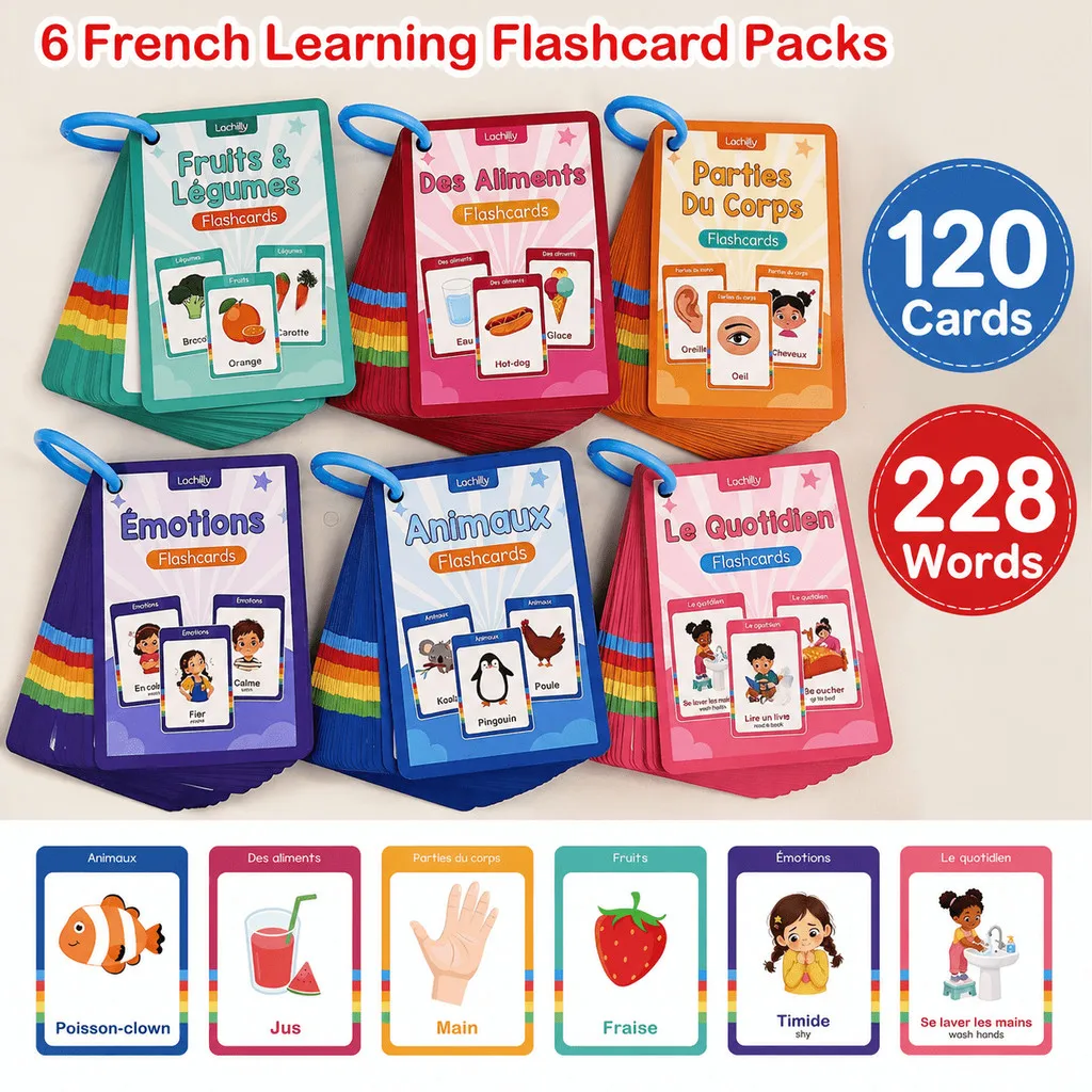 6 Themes French Learning Cards for Kids Toddlers Early Education French English Bilingual Vocabulary Flashcard Teaching Supplies