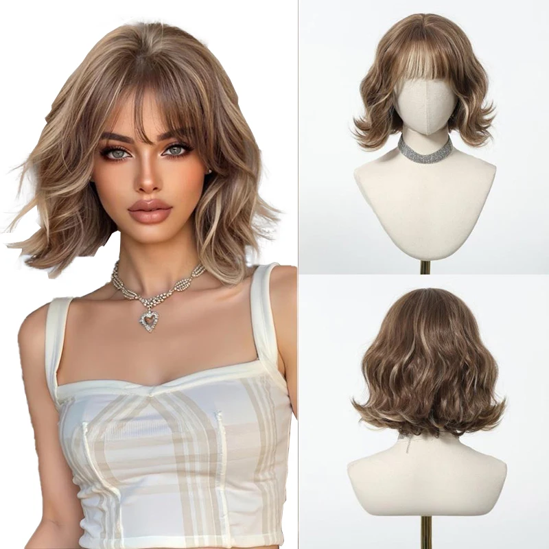 วิกผมสังเคราะห์ลอนขนาด 10 นิ้วมีหน้าม้าและบ๊อบธรรมชาติเหมาะสําหรับงานปาร์ตี้ประจําวันของผู้หญิง วันฮาโลวีน และงานรื่นเริง