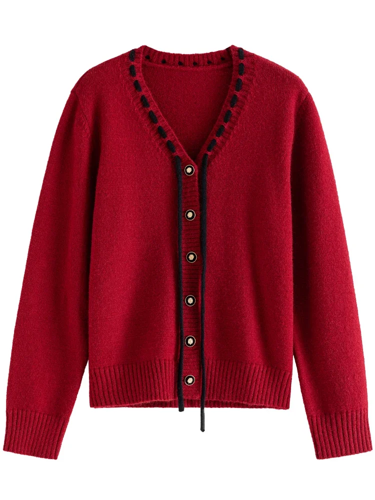 DUSHU Women Sweet V-Neck Lace-up Red Sweaters 2023 Winter Gentle Female Sweater Jacket Temperament Knitted Black Cardigans