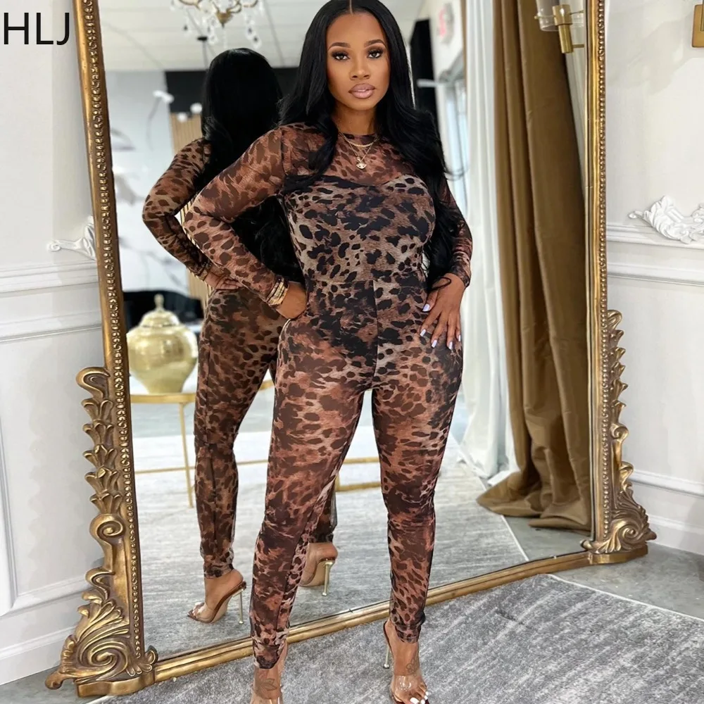 

HLJ сексуальные сетчатые облегающие комбинезоны с леопардовым принтом для женщин, прозрачные комбинезоны с длинными рукавами, женские уличные комбинезоны, новинка 2023 года