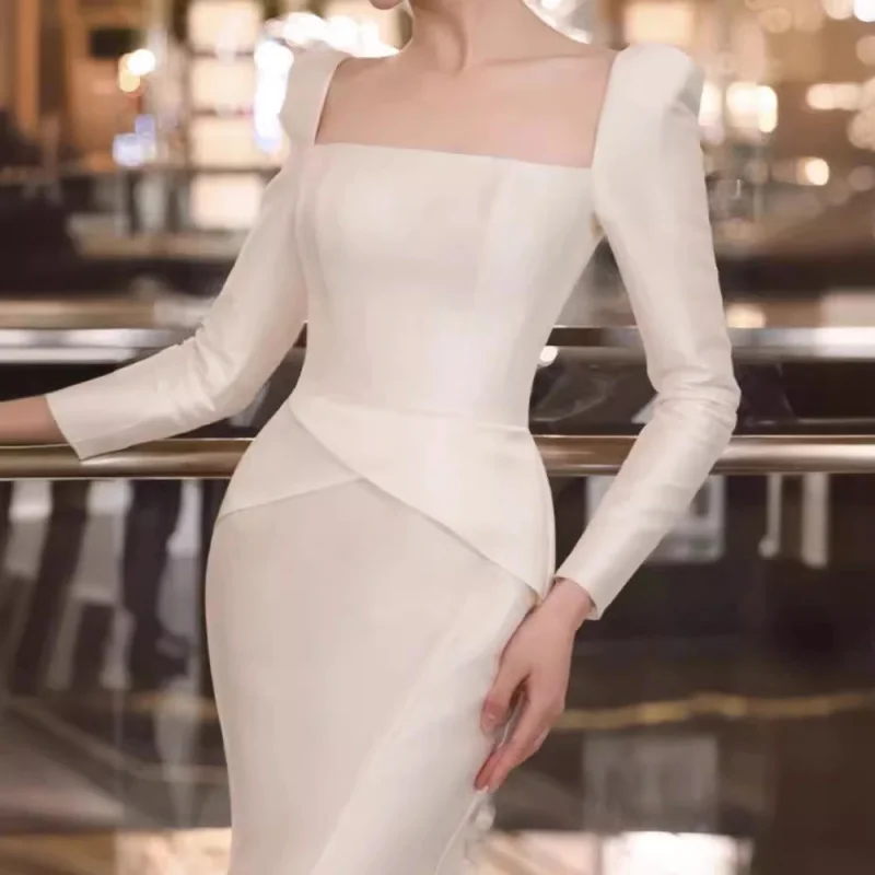 Белое свадебное платье с длинными рукавами, атласное минималистское платье для невесты, свадебного приема, вечернее платье для банкета, ежегодного собрания