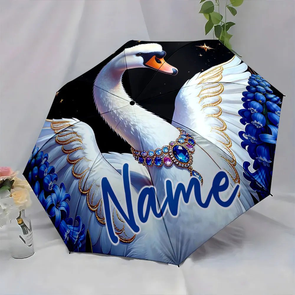 Custom Name Umbrella Elegant Swan Design on a Starry Umbrella Print 8 Iron Ribs Folding Umbrella Auto-Open Fashion Sunshade