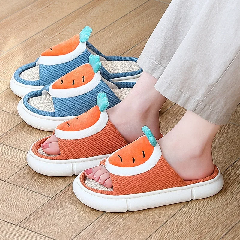 Bedroom Cute Cartoon Carrot Women Hemp Slippers Spring Summer Breathable Ladies Flax Slides Floor Couples Shoes