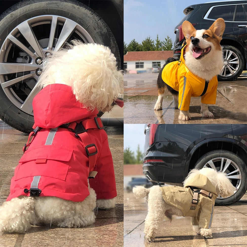 Dog Raincoat with Hooded and Leash Ring Waterproof Dog Rain Coat Jacket Poncho Hoodies with Strip Reflective for Outfoor Walking