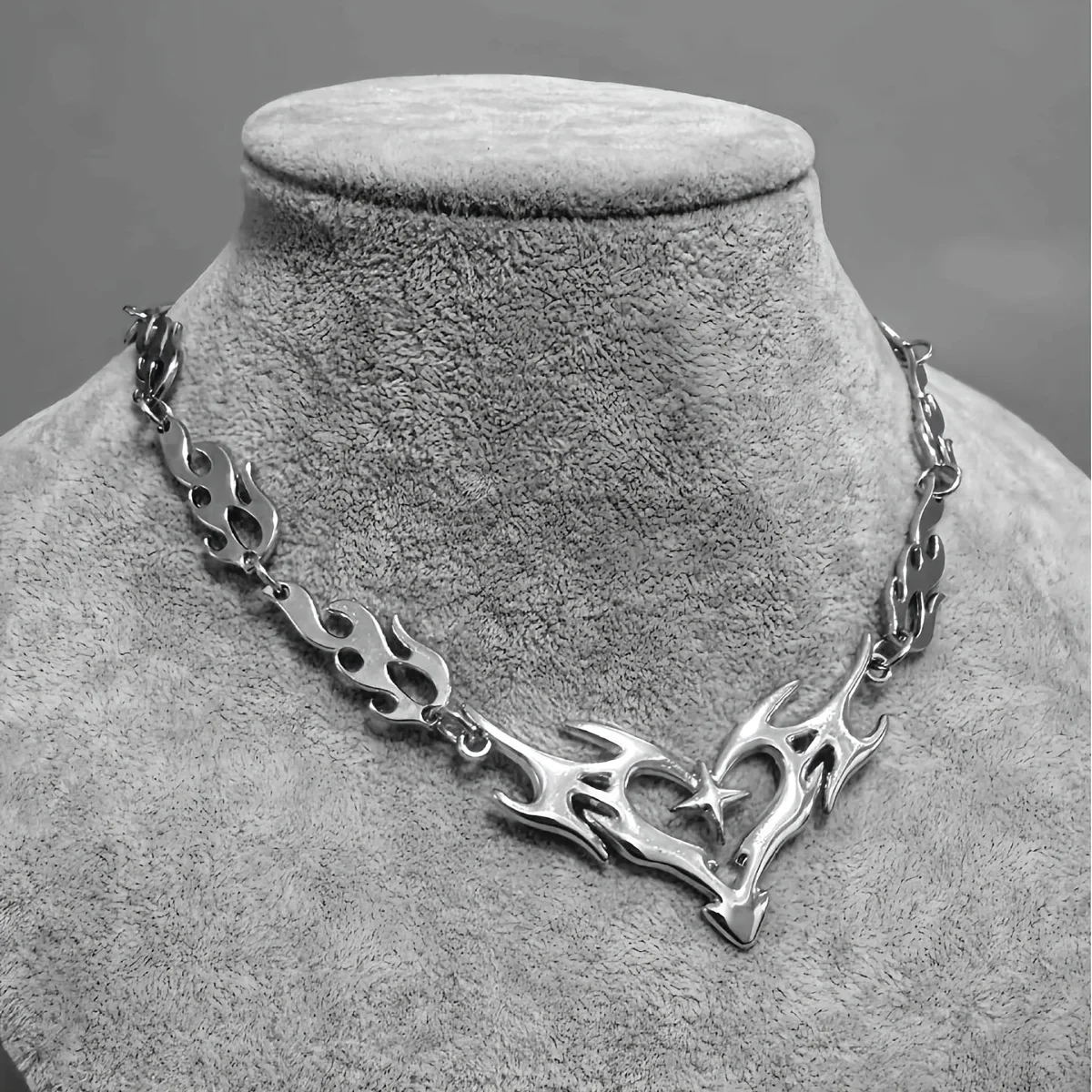 Silvery Punk Gothic Cool and Stylish Necklace with a Cross, Thorns, Barbed Wire, and Flame Heart Pendant