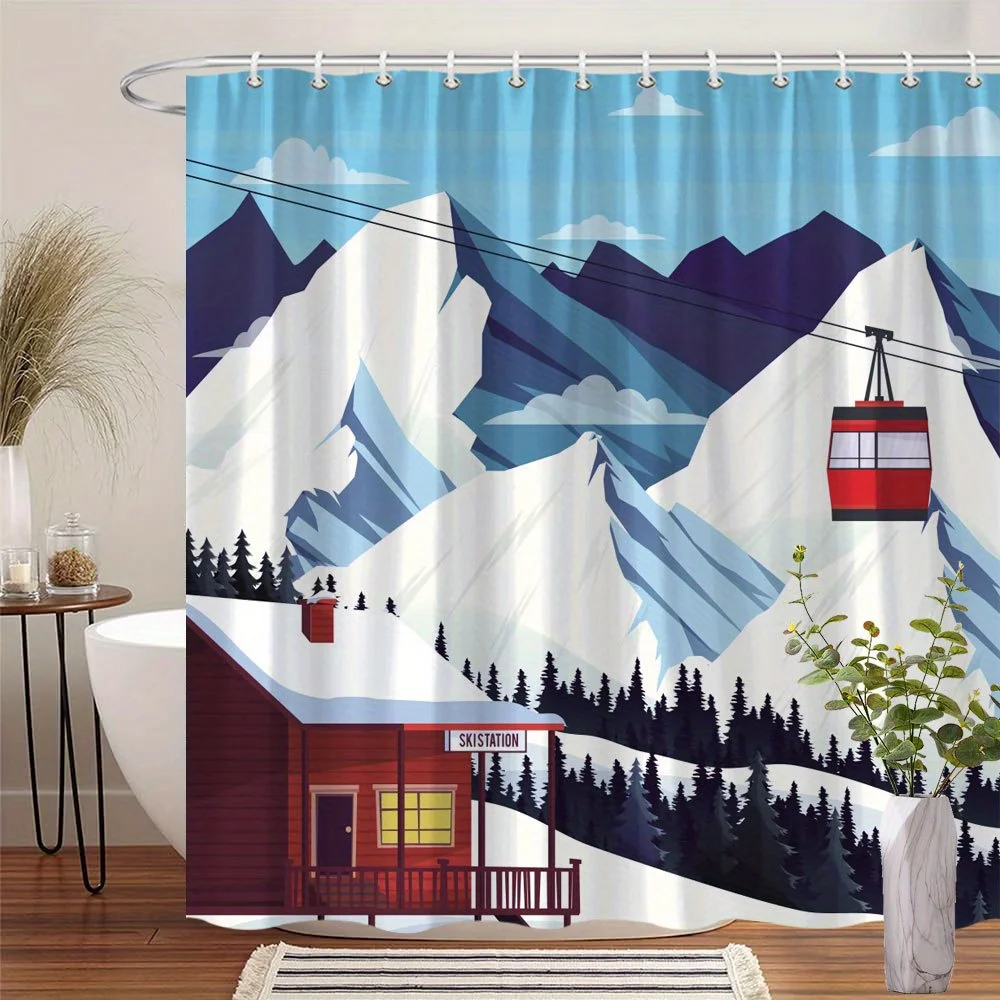 Snowy Mountain Ski Resort Shower Curtain - Alpine Landscape with Cable Car & Cabin, Winter Scenery Print, Waterproof Fabric