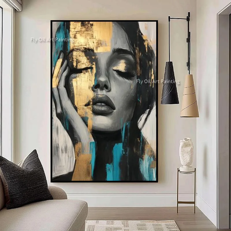 Fashional Black And Golden Yellow Women Face Oil Painting On Canvas Handpainted New Special Black White People Wall Art Decor