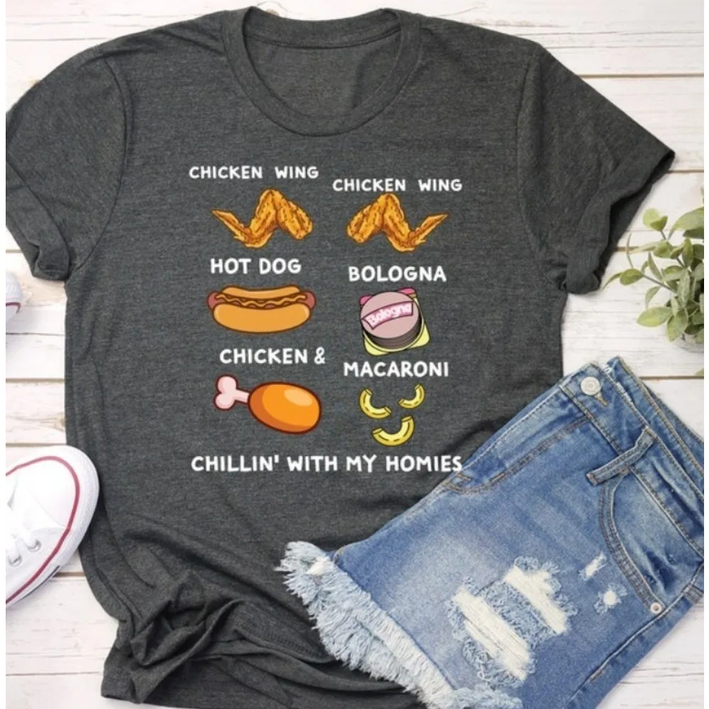 Chicken Wing Hot Dog Bologna T-Shirt Chillin' with My Homies Vintage T Shirt Camisetas Harajuku Men Clothes Graphic Tops