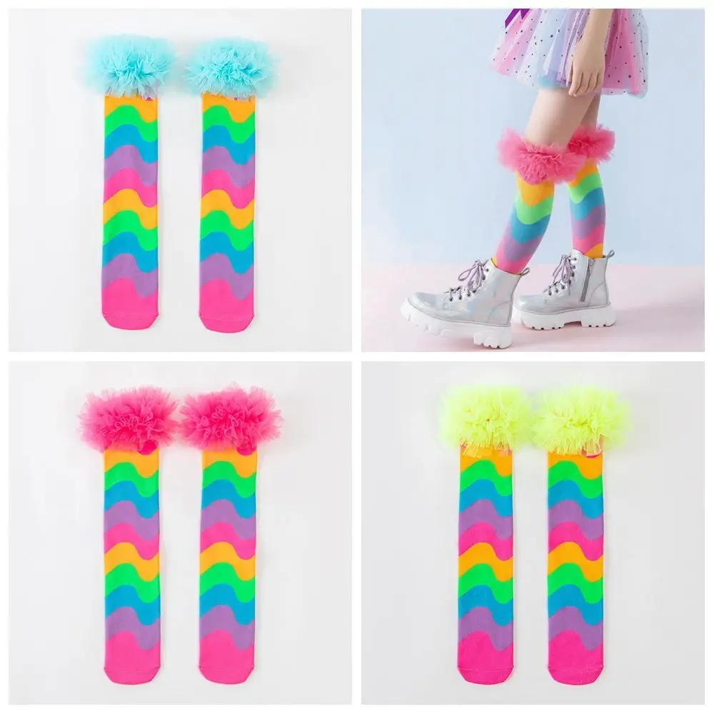 Nuovi calzini al ginocchio in cartone animato senza tacco Calzini lunghi traspiranti Calzini da ballo color arcobaleno