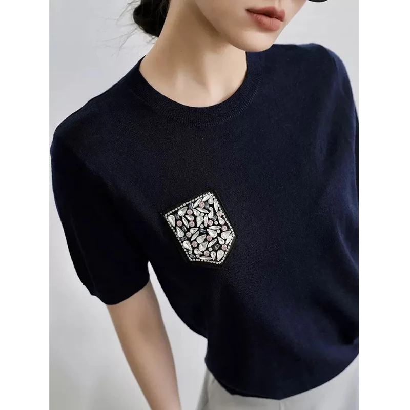 الرجعية حجر الراين المرقعة الجولة Ne تريكو الصيف الكورية Sle تخفيف تي شيرت التخسيس تنوعا الحرير الجليد المرأة #1