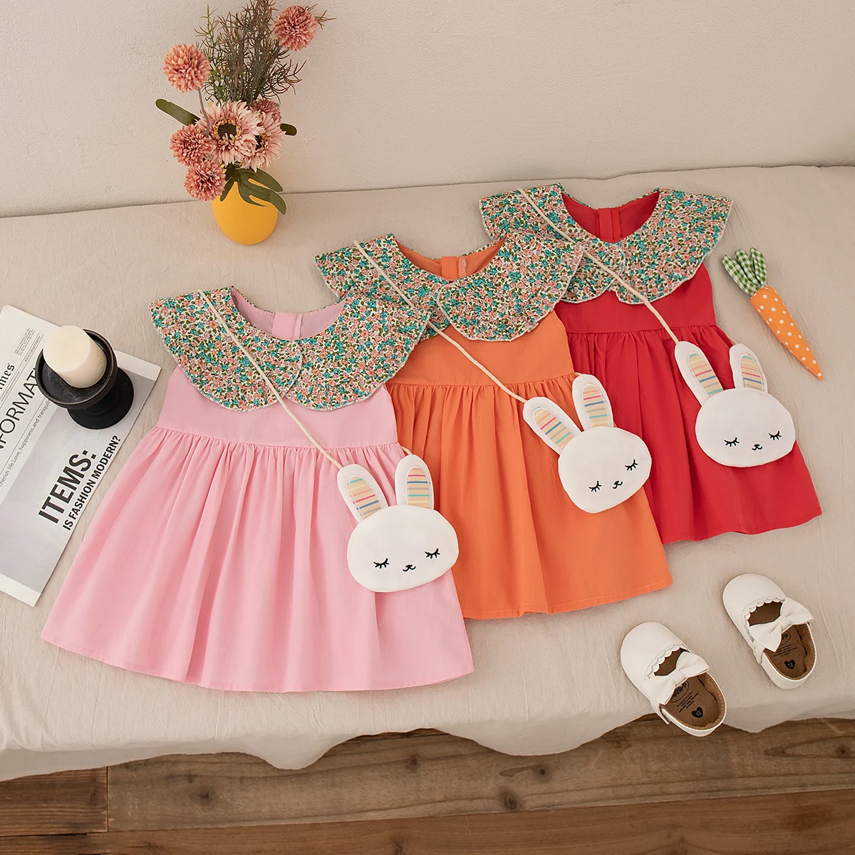 

Summer Cotton Baby Girl Dress Floral Doll Collar Baby Dress Comfortable Kids Clothes Send Rabbit Bag