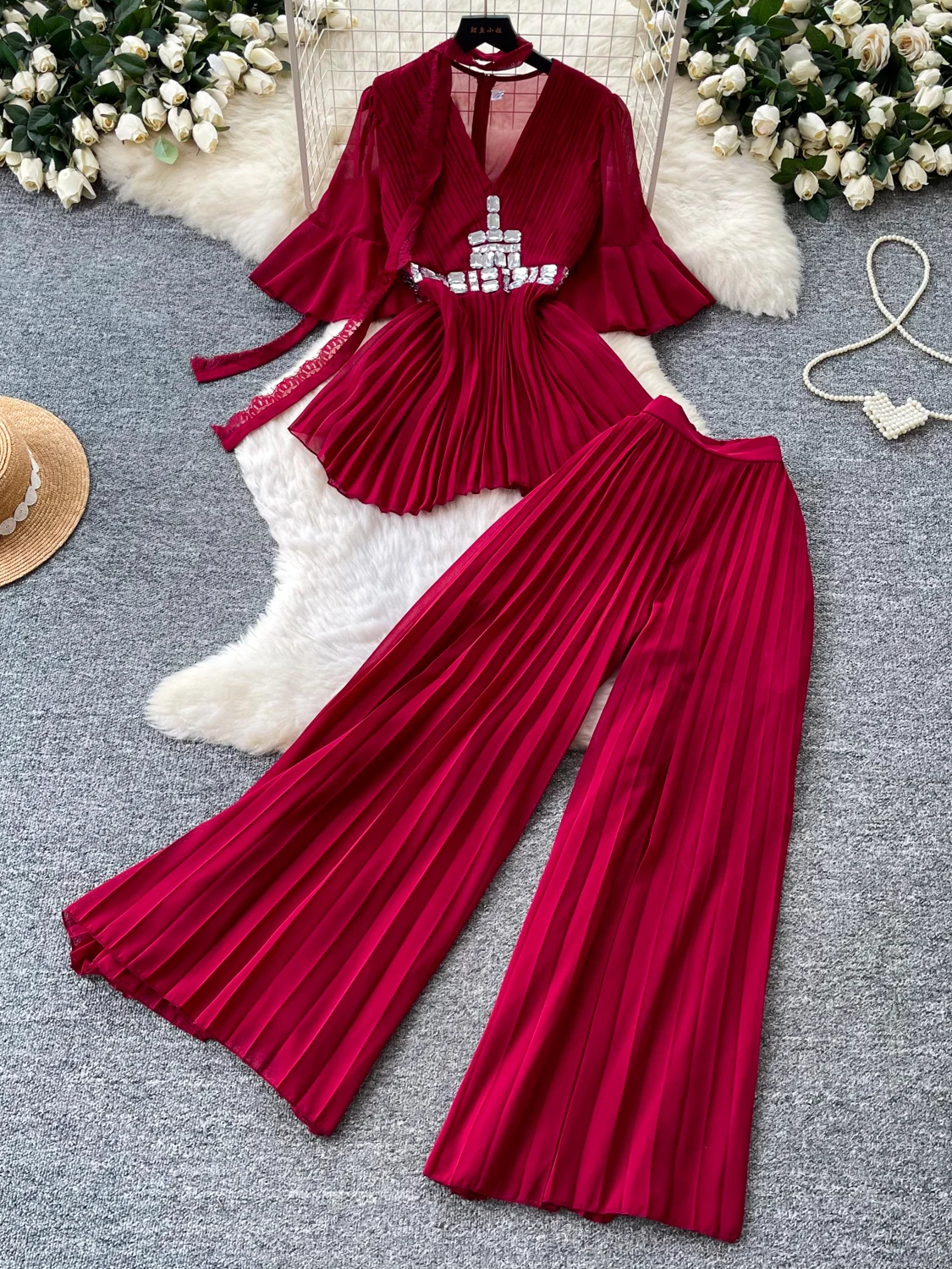 

Red Loose Two-Piece Set Women's High Waist Pleated Wide Leg Pants Suit Autumn Commute Style Flared Sleeve Tops And Bottoms