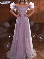 Graceful Off The Shoulder Prom Gown Sparkly Sequins Cocktail Dresses Luxury Purple A-line Long Evening Dress Robe De Mariée