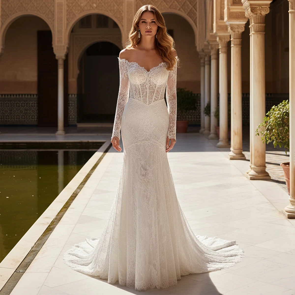 Elegant Lace Appliques Mermaid Wedding Dress For Women 2026 Sheath Long Sleeve Bridal Party Gown For Bride Vestidos Novia