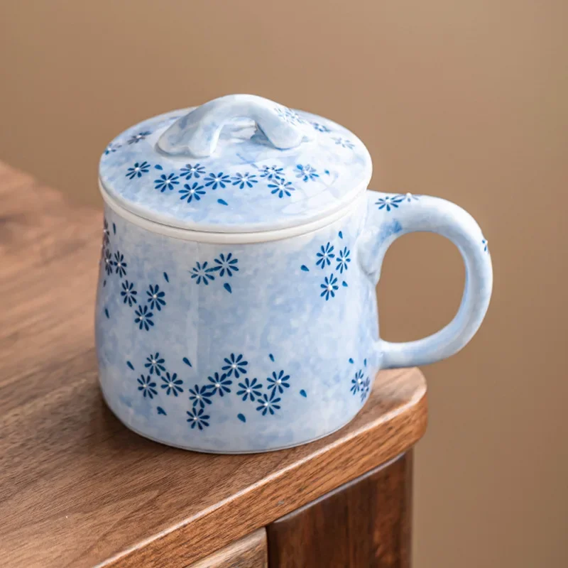287ML Sprinkled Blue Daisy Tea Separation Cup Office TeaCup Ceramic Water Cup Personal Master Mug Coffee Cup Tea Maker Tool Gift