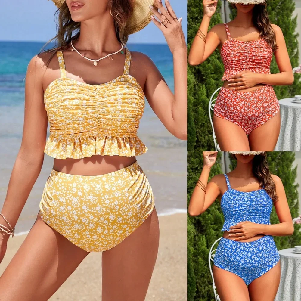 

Cross-Border Floral Print Maternity Bikini Set Women's Sexy Fashionable Swimsuit Separate High Waist Swimwear for Pregnant Ladie