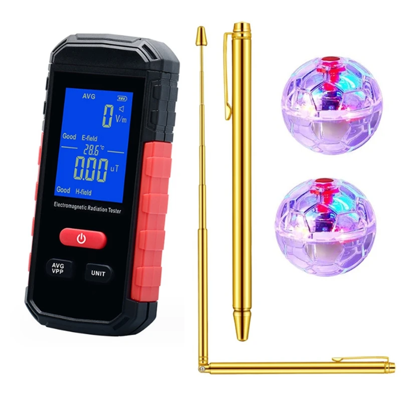 Ghost Equipment Kit Digital Emf Meter Digital Radiation Dosimeter 2 Pcs Motion Light Up Cat Balls 2 Pcs Copper Dowsing Rods