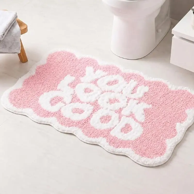 VIKAMA You Look Good Bath Mat Pink Funny Quote Print Absorbent Non Slip Bath Rug For Bathroom Floor Girls Cute Decor