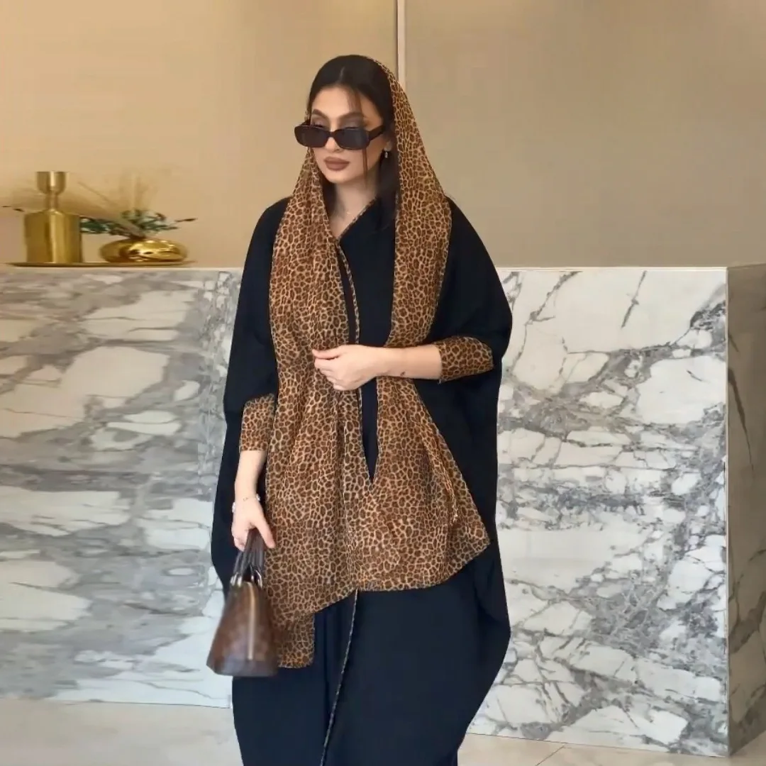 

Muslim new fashion cardigan leopard print chiffon color matching robe Turkish with headscarf simple temperament elegant holiday