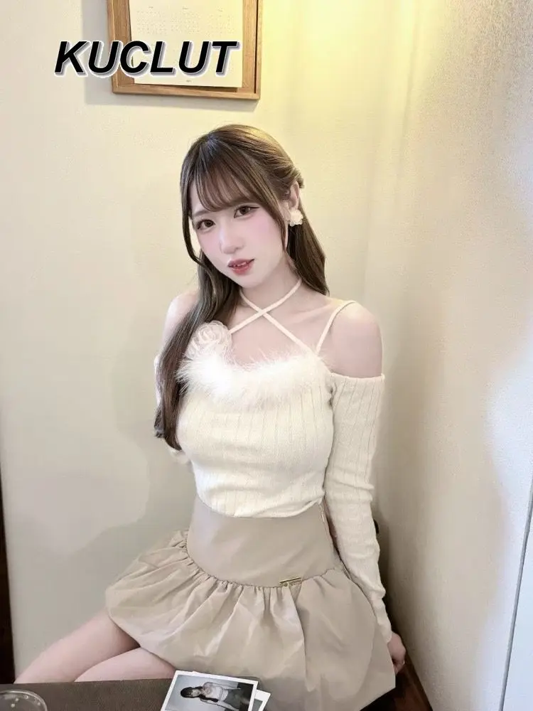 الرسن الرقبة المرقعة خارج الكتف سليم محبوك أعلى النمط الياباني ربيع الخريف طويلة الأكمام البلوز البلوزات للنساء