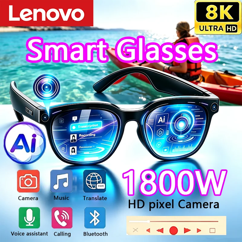 Lenovo 1800W Camera 8K HD Smart Glasses Chat GPT 260mAh Battery Bluetooth Call Voice Assistant Control Smart Glasses for Men