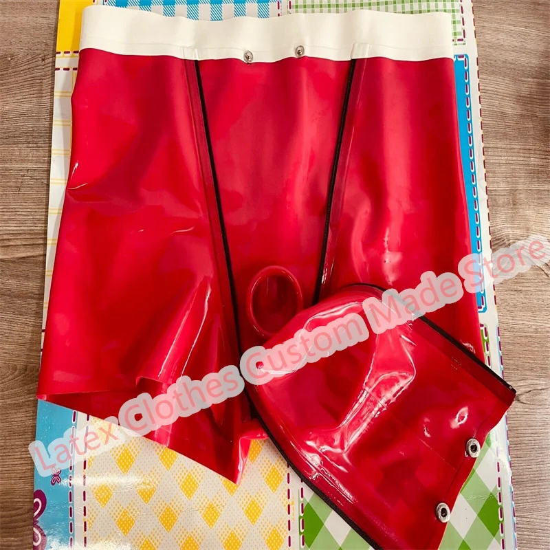 Latex Shorts Panties Red with White Front Hole Zip Sexy Short Pants Rubber Men's U Pouch