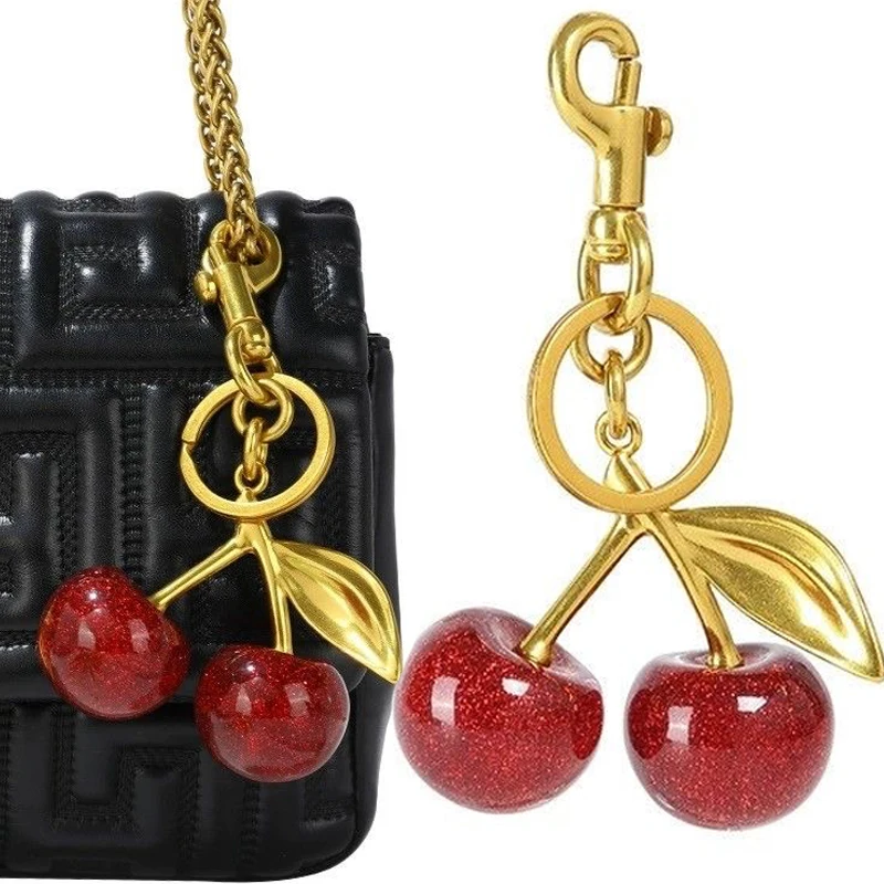 Delicious Crystal Red Pink Cherry Keychain Summer Fruits Cherries Pendant Keyring For Women Men Jewelry Bag Key Accessories Gift