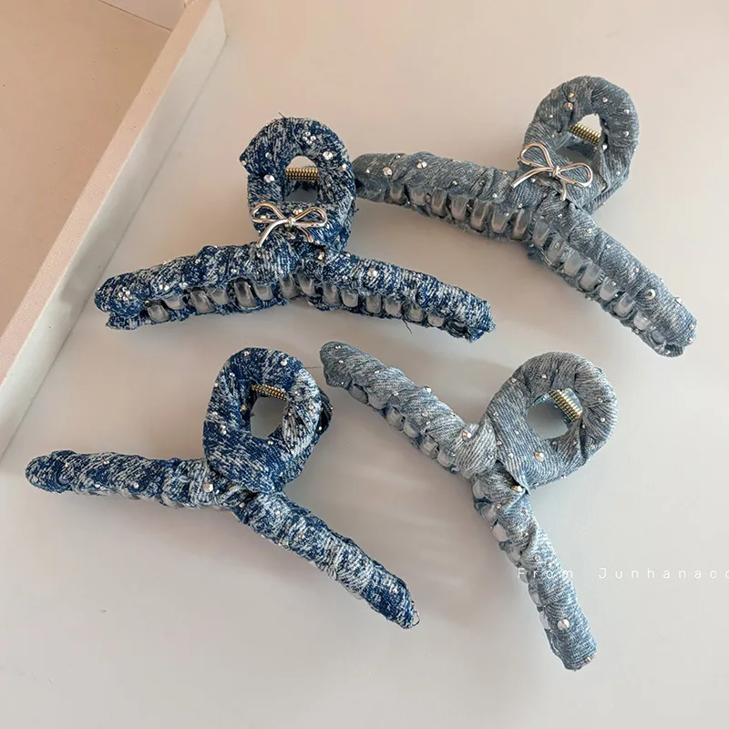 Korean Rhinestone Denim Temperament Clamp Hairpin Temperament Updo New Shark Clip Metal Bow Hair Claw Back Brain