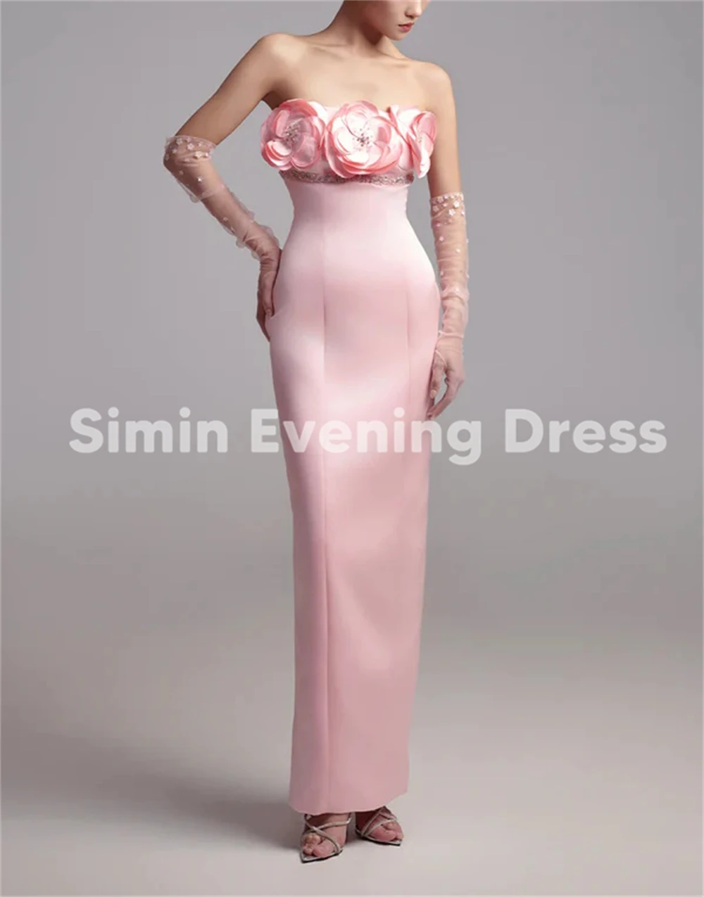 Simin feminino 3d flores frisado sem alças vestidos de noite sauditas sem mangas com luvas longas até o tornozelo vestidos elegantes 2025