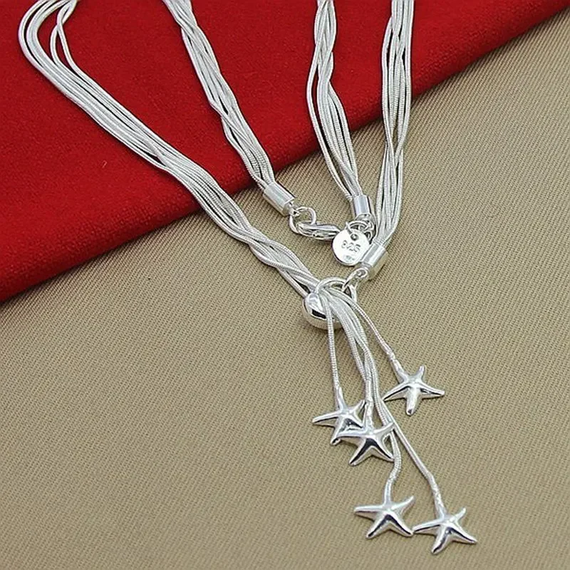 

Chuangcheng Starry Seas 925 Sterling Silver Five Smart Starfish Pendant Chain Necklaces