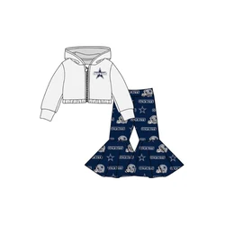 Children Boutique Hooded Clothing School Teams Print Bell Pants Hoodie Jacket Top Girls Clothes Set Customizble milk silk