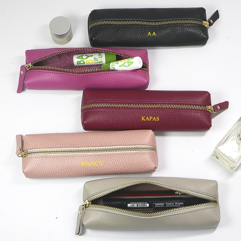 Aangepaste naam zip koeienhuid pennenzakje gepersonaliseerde lederen pennenzak zakelijk kantoor student opbergtas reizen cosmetische tassen