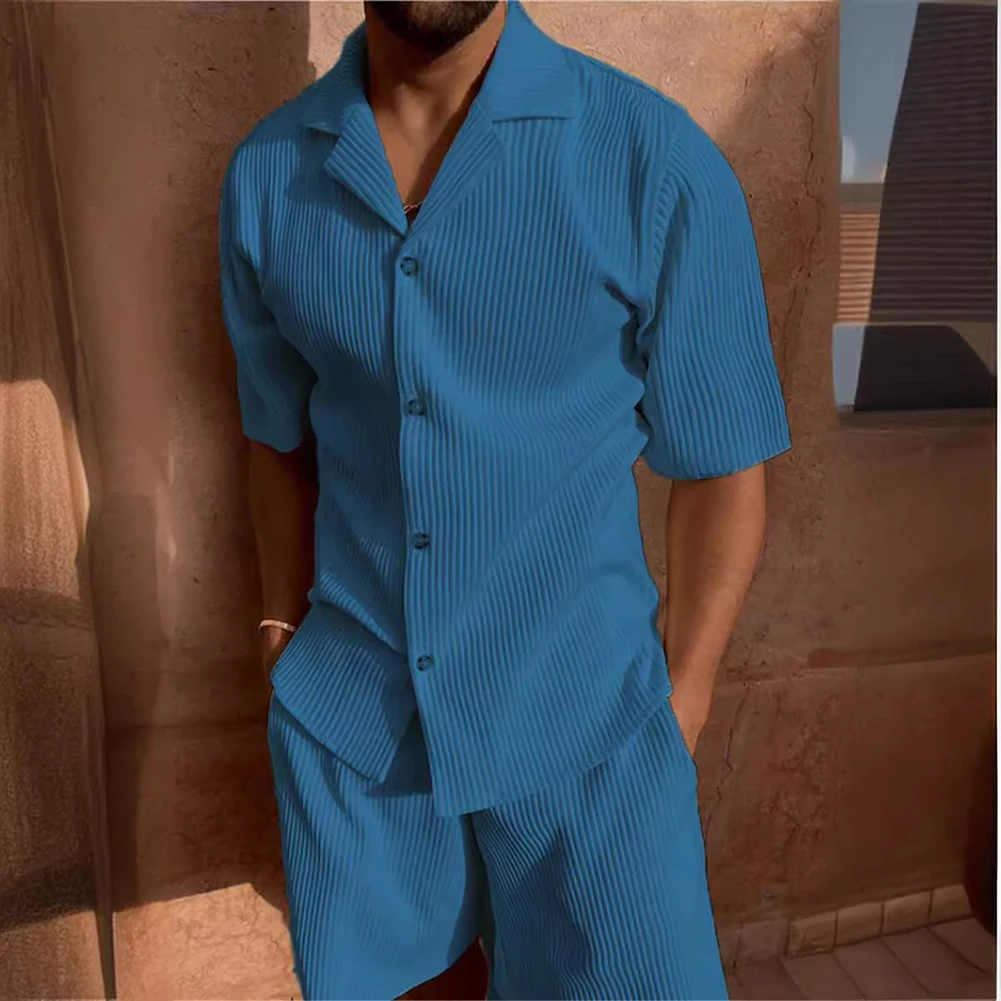 Conjunto de camisa de manga corta para hombre, pantalones cortos de pana para playa, nuevo estilo informal, tela de poliéster, ropa Regular de longitud