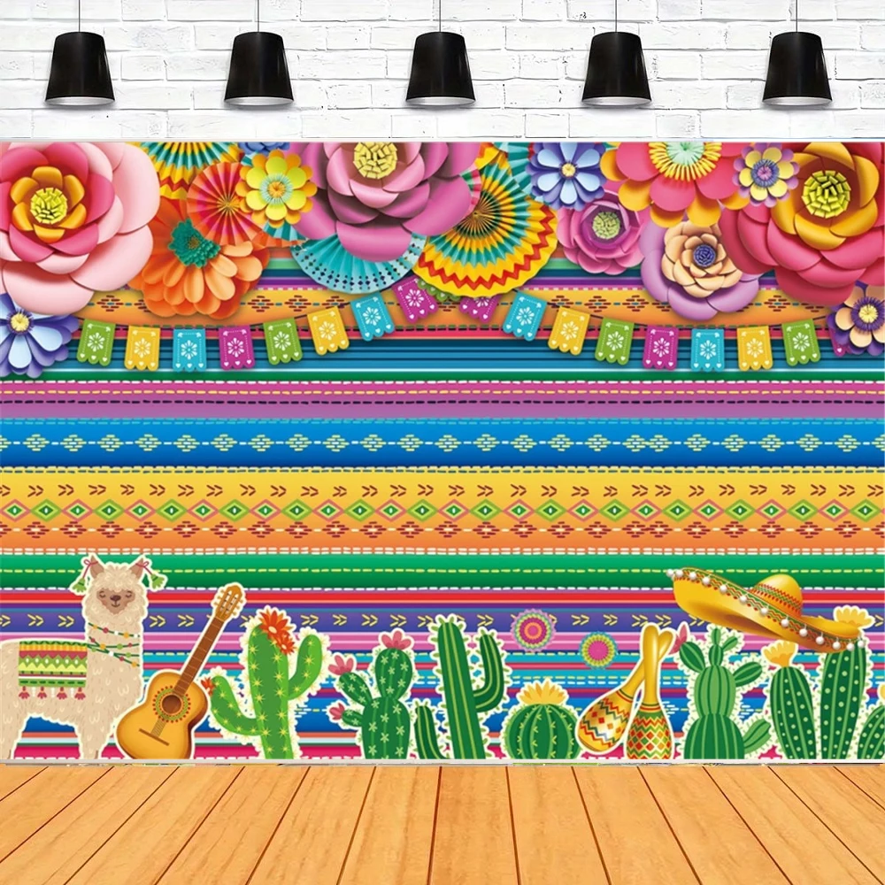 Photography Backdrop Mexican For Fiesta Party Decor Cinco De Mayo Poster Paper Flowers Colorful Striped Banner Background